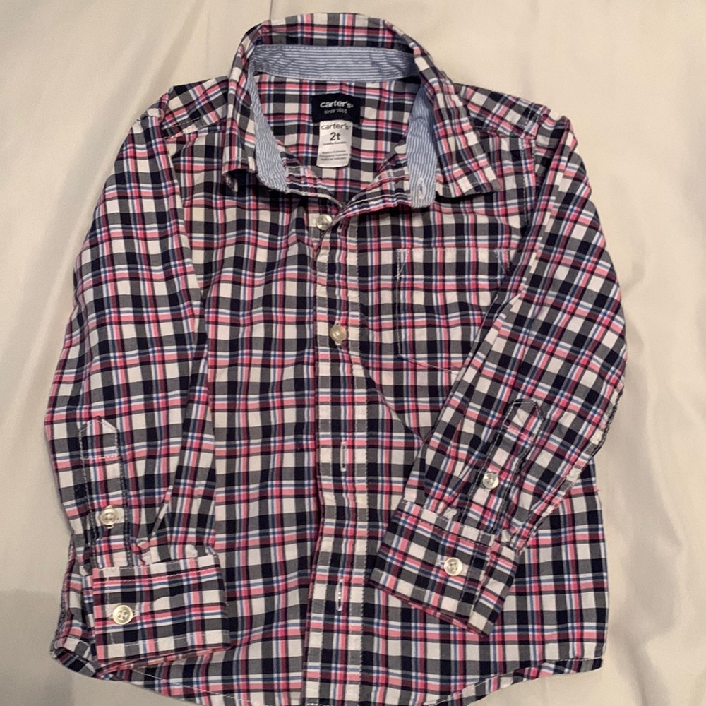 Carter’s Boys Blue & Pink Plaid Button Down Shirt 2T